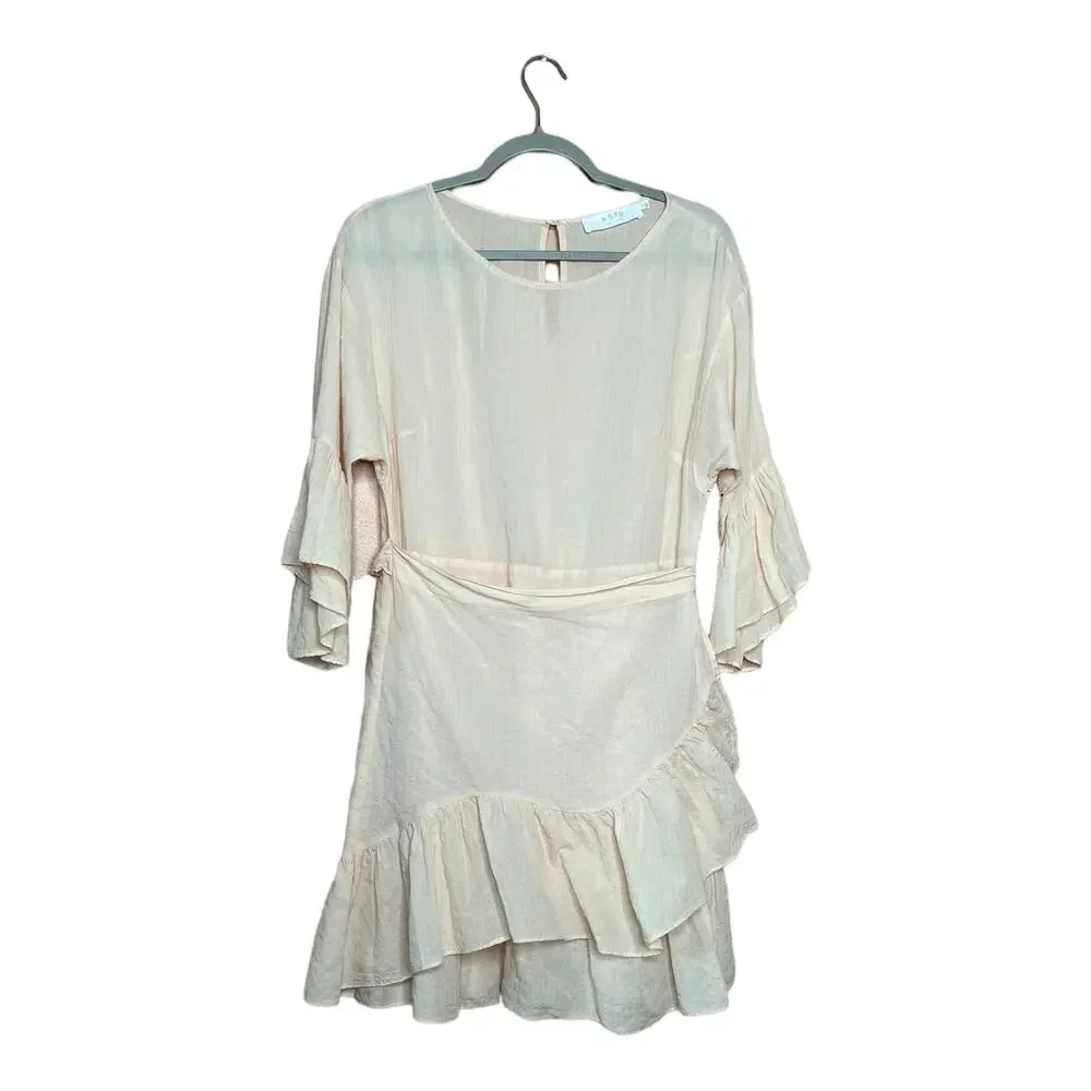 ASTR the Label the suri 3/4-Bell-Sleeve Ruffle Wrap Mini Dress powder pink Sz L